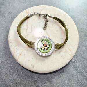 Glass Murano Italy Floral Venetian Mosaic Round Charm Bracelet - Olive Green